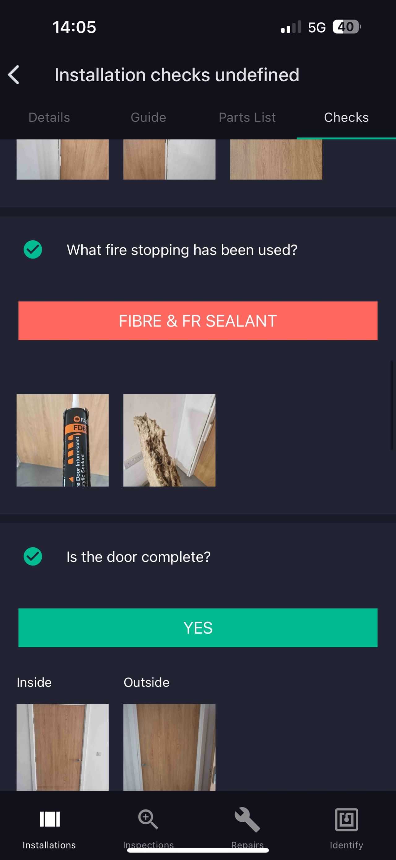 Door Data Systems installation checks recording fire stopping used and door completion with inside and outside photos