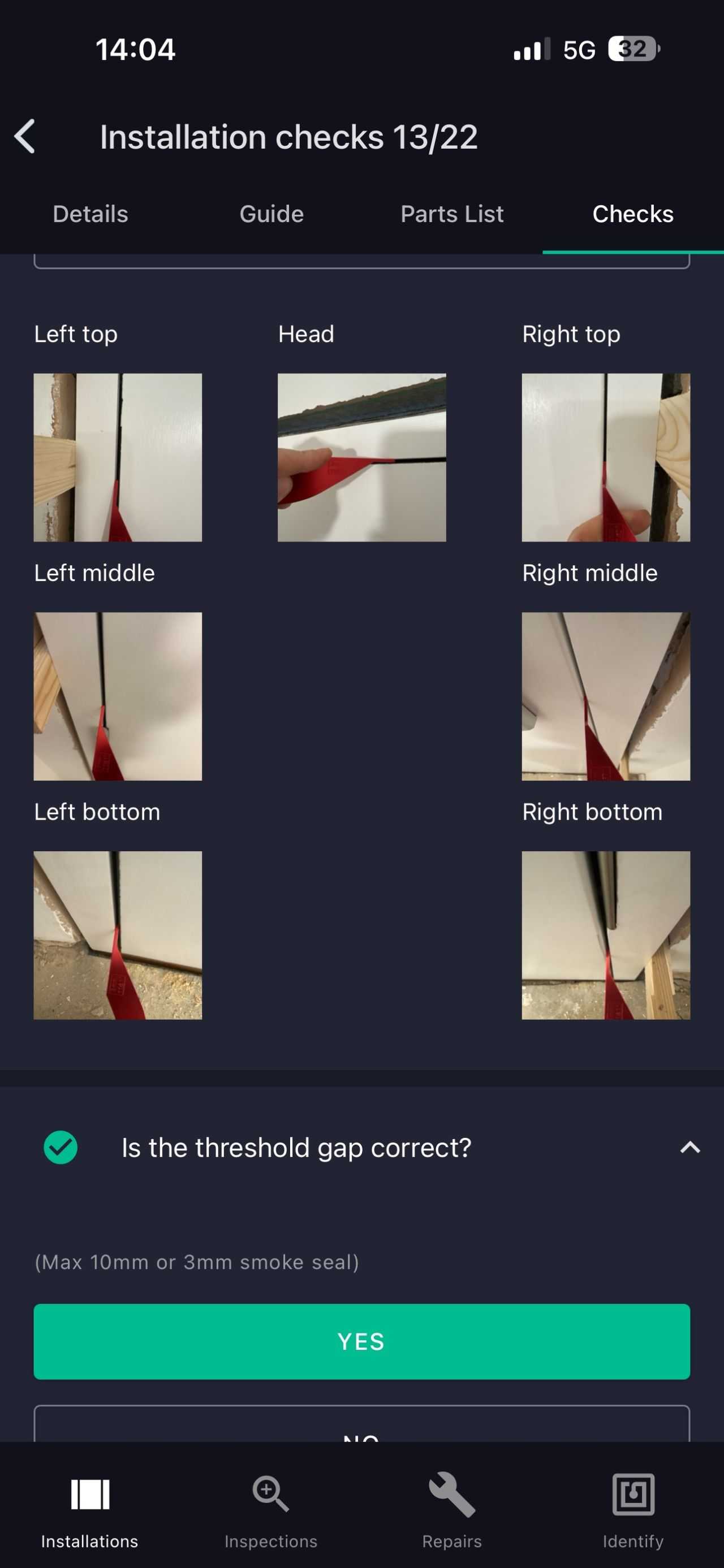 Door Data Systems record showing gap checks with photos per door