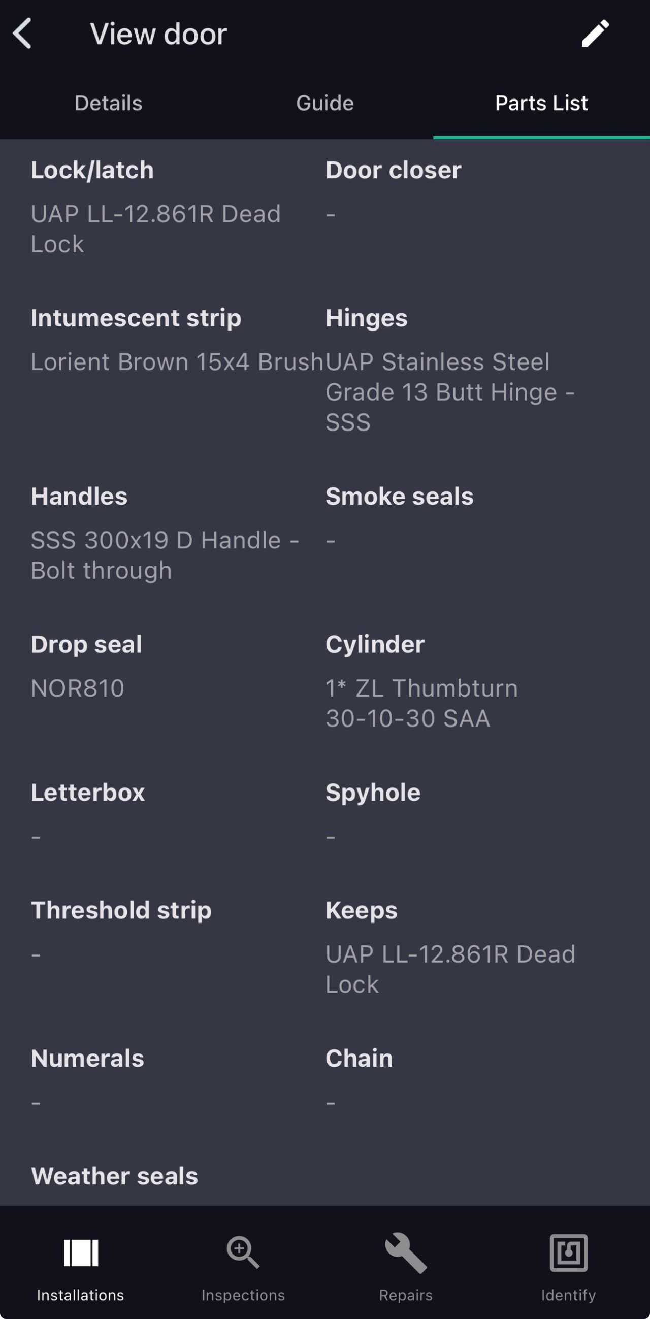 Door Data Systems parts list recording ironmongery and seals fitted to one door