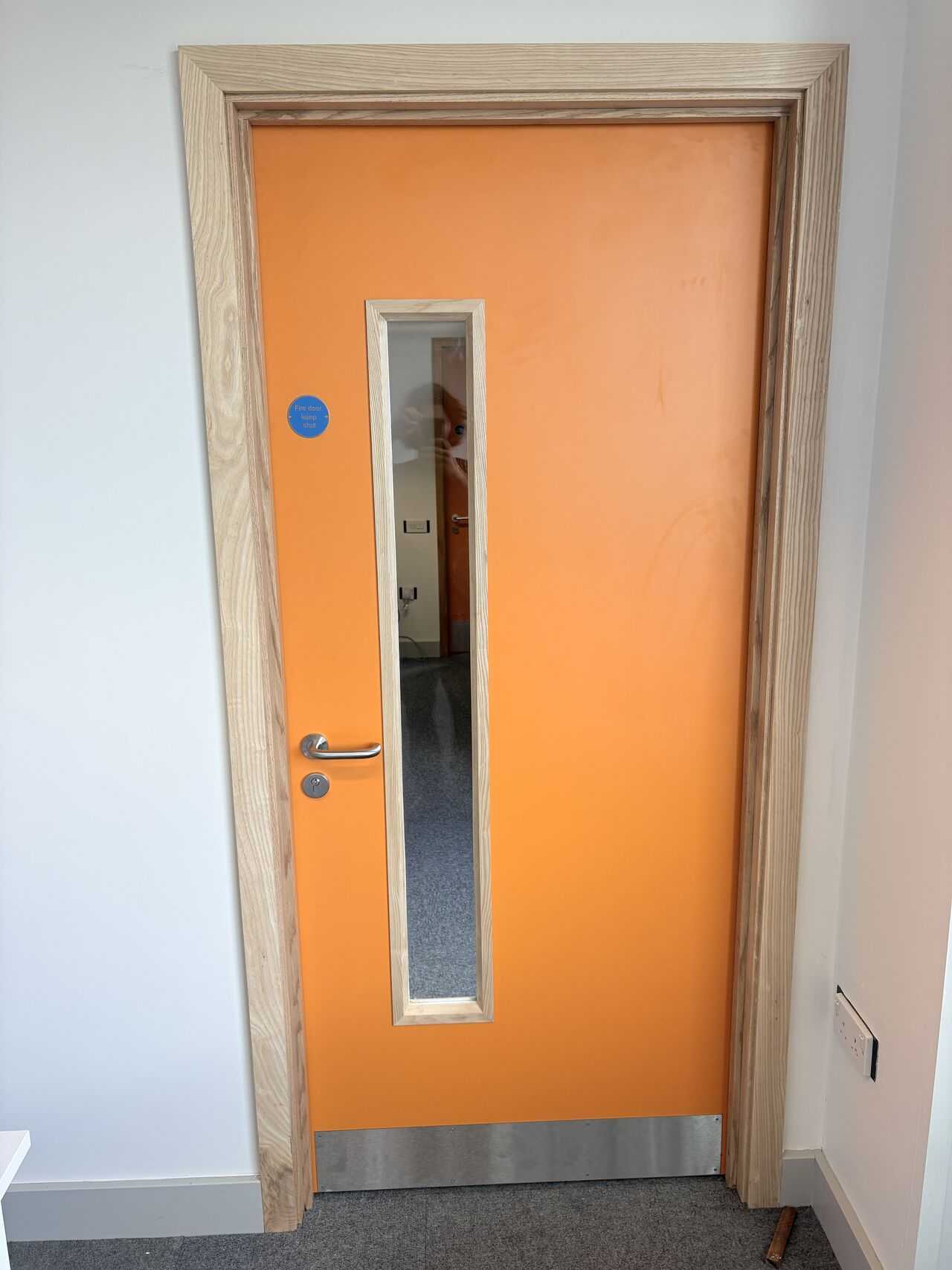 Replacement doorset with vision panel and oak frame, Tor Bridge High